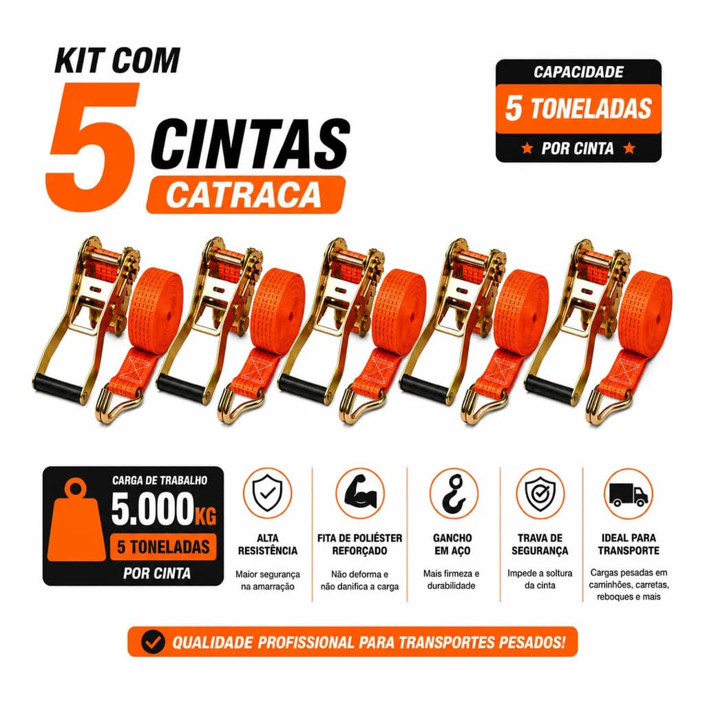 Kit 5 Catraca + 5 Cinta Amarração 5 Ton 9 Metros Rabicho J