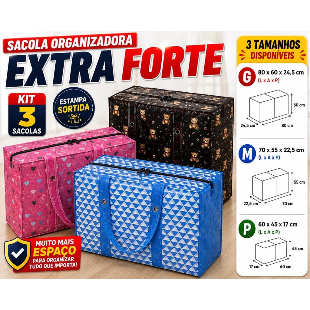 Kit 3 Sacolas Feira Reforçadas Grande com Zíper Impermeável Dobrável Alta Capacidade Mercado Viagem