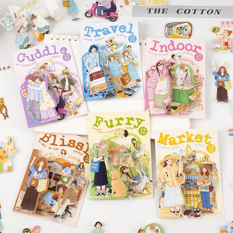 ENWEI 15 Peças [Série Um Dia Das Pequenas Alegrias] Mercado Divertido Viagens Para Casa Vida Scrapbooking Adesivos Supri