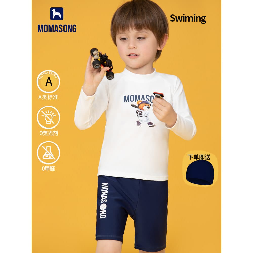 Momosong maiô infantil menino 2022 novo estilo dividido manga comprida protetor solar maiô médio grande calção de banho