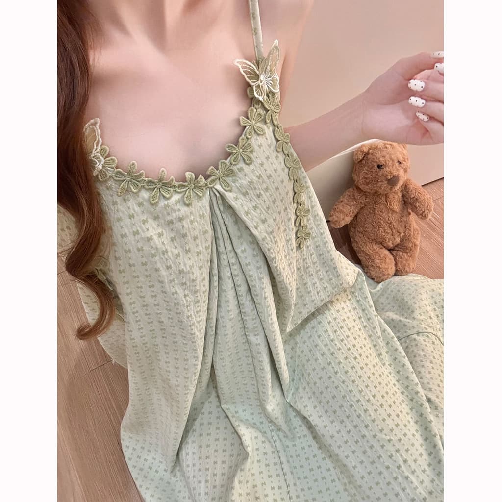 Princesa estilo estilingue camisola feminina verão nuvem algodão com almofada no peito renda verde borboleta com decote