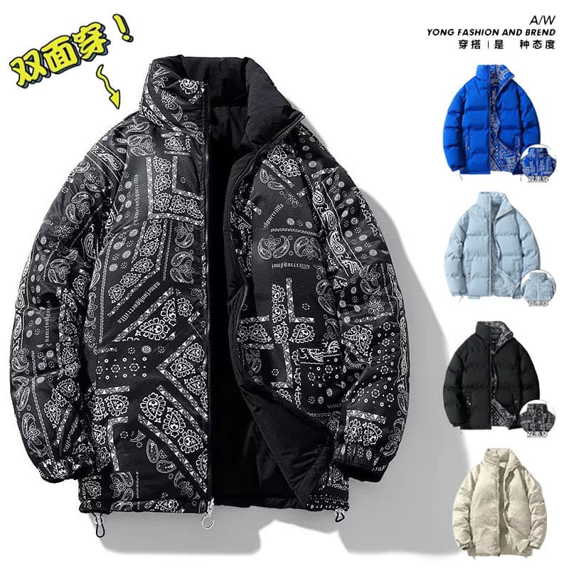 Dupla face para baixo acolchoado jaqueta masculina engrossado gola alta Plus Size inverno pão acolchoado jaqueta casal c