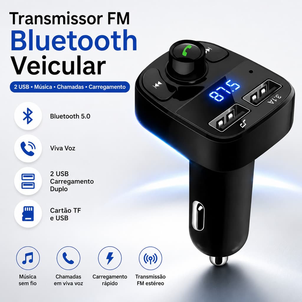 Transmissor FM Bluetooth Veicular 2 USB Carregador Rápido Viva Voz Rádio FM