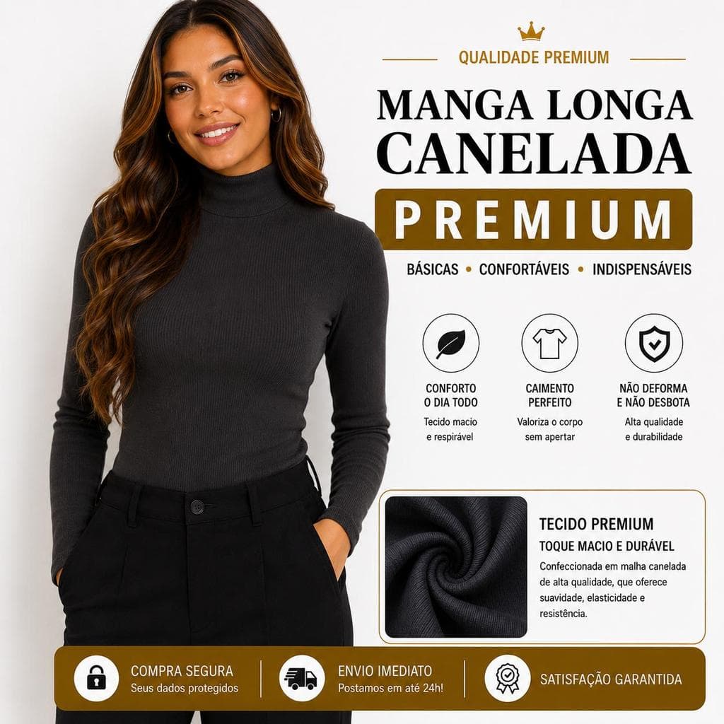 Blusa Canelada Manga Longa Gola Alta Confortável Casual Feminina Segunda Pele Outono Inverno