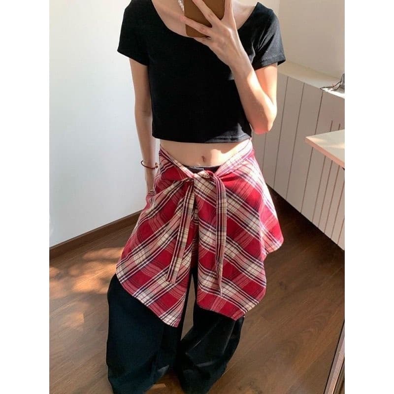 Americano Retro Irregular xadrez costura empilhamento peido cortina feminina moda All-Match quente menina usar saia de a