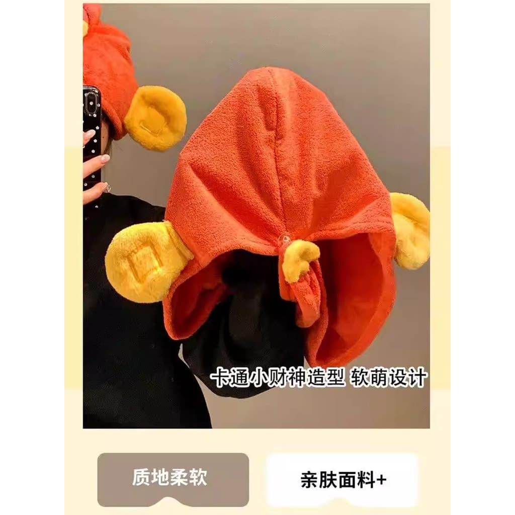 [Pacote da sorte] Pequeno Deus da Riqueza Touca de secagem de cabelo fofa Toalha absorvente de secagem rápida espessada