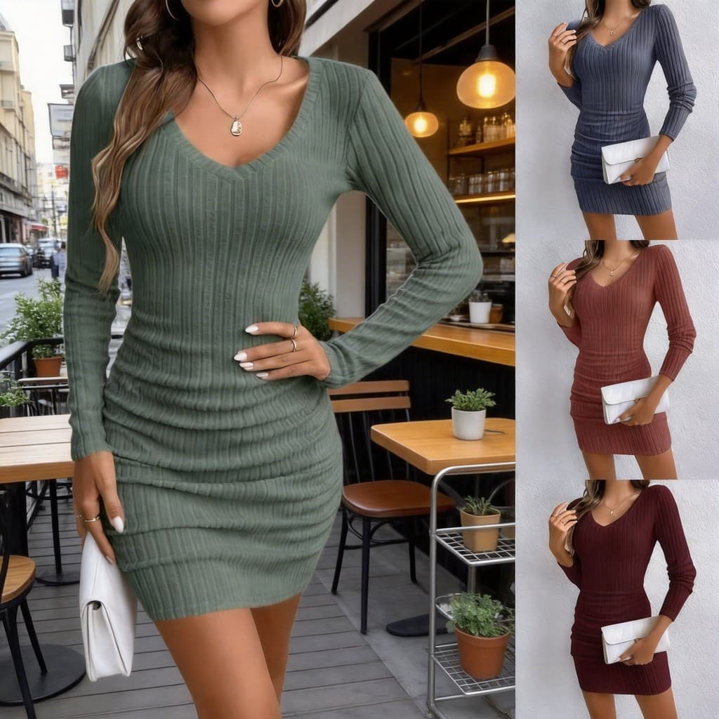 Saia quadril americana feminina novo estilo com nervuras e decote em V Slim Fit manga comprida