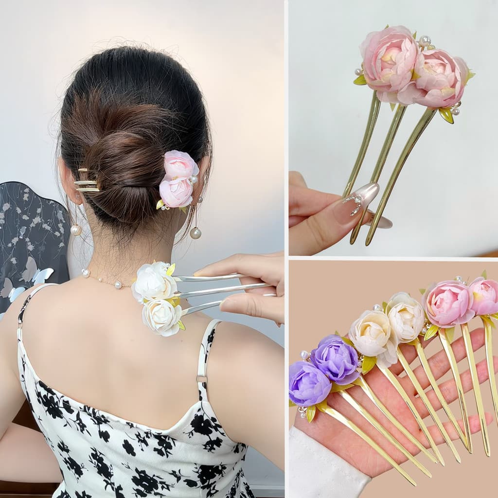 Novo estilo chinês três dentes rosa inserção pente hairpin feminino temperamento flor antigo Hanfu hairpin feminino cabe