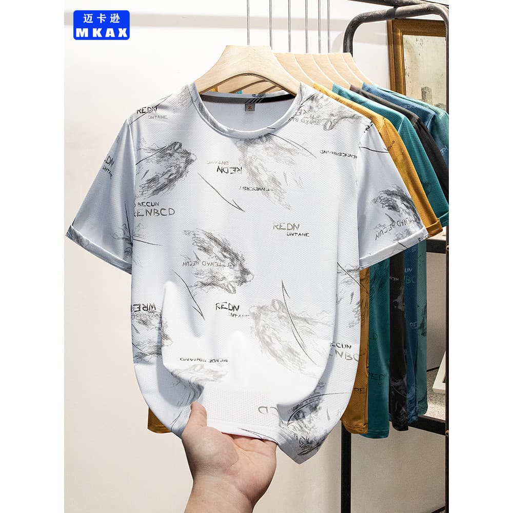 Macaron verão novo estilo de seda gelo camiseta de manga curta masculino juventude na moda impresso meia manga t-
