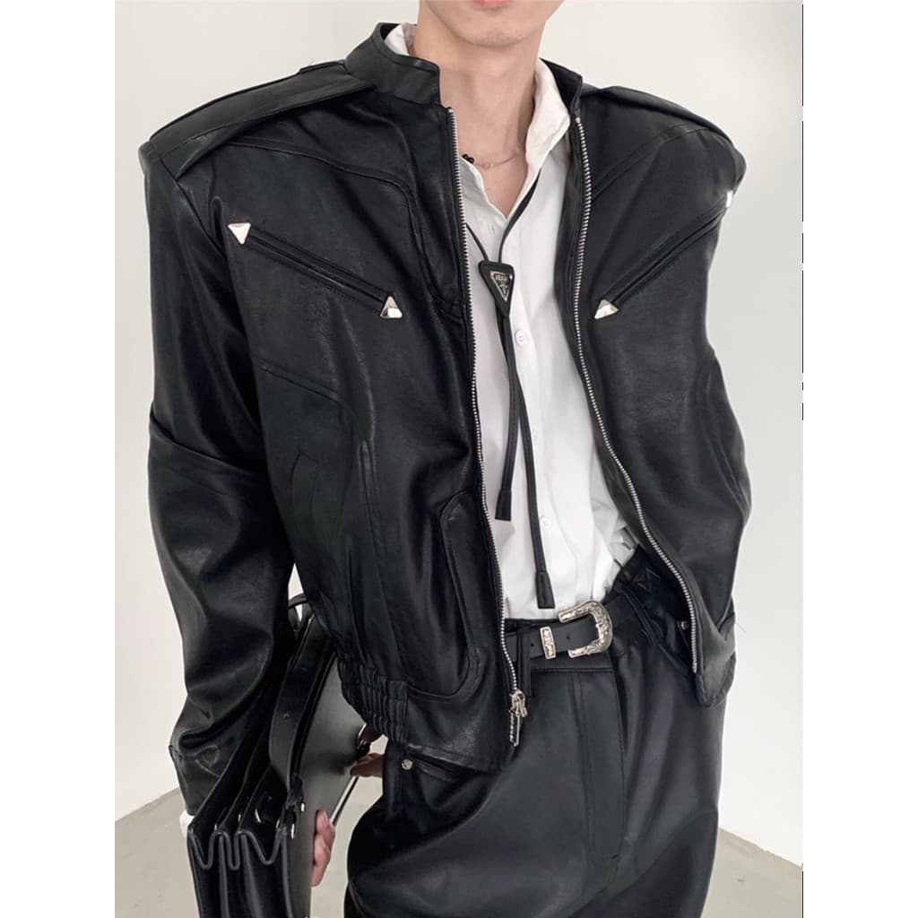 Americano Retro nicho Metal Design preto jaqueta de couro do plutônio masculino High-End ombro curto acolchoado jaqueta