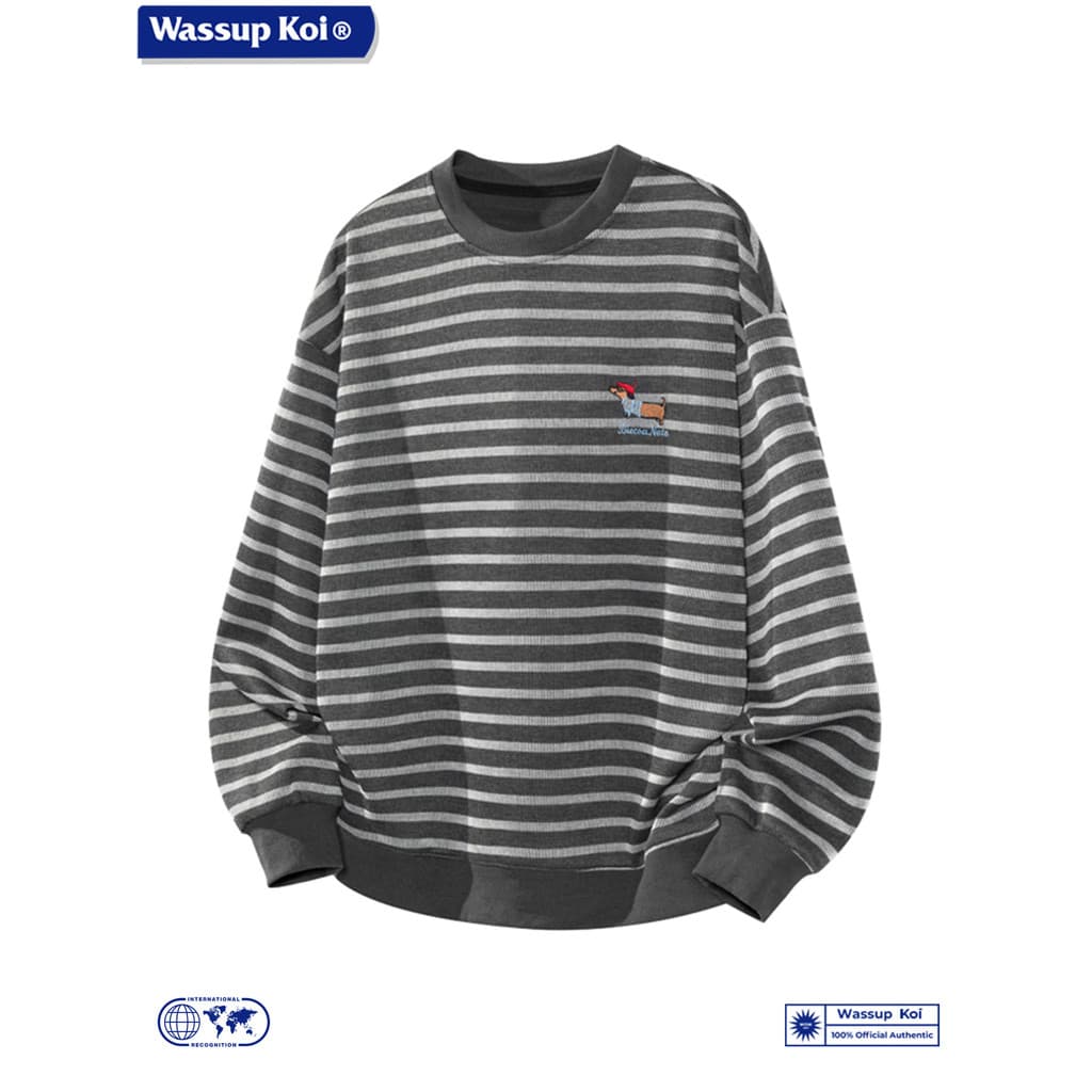WASSUP KOI Co-Branded Listrado Bordado Dachshund Dog Moletom Masculino Outono Americano Gola Redonda Bonito Manga Compri