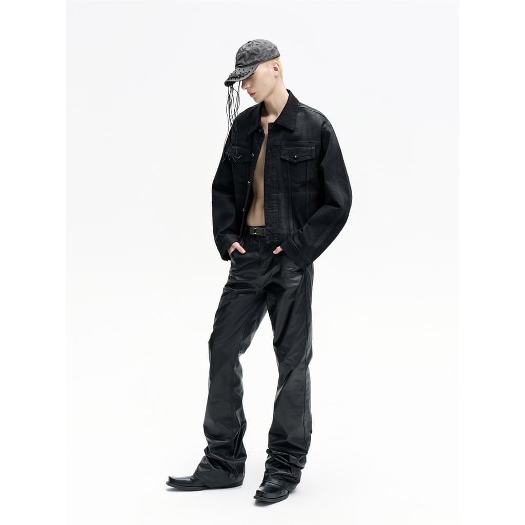 FRKM SCD 25AW skinny escovado à mão revestido de cera calças casuais de ajuste reto calças empilhadas escuras