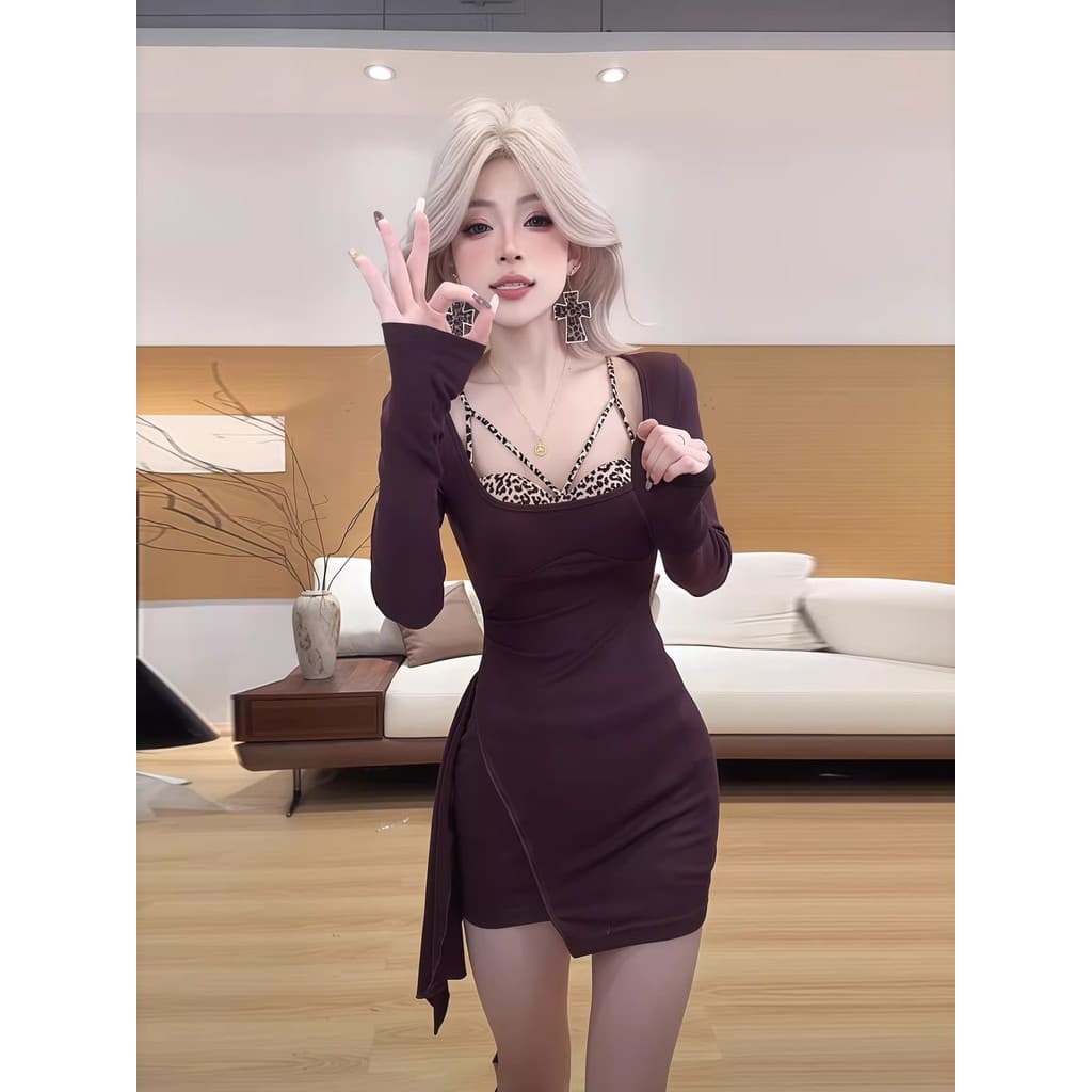 Temperamento francês falso de duas peças com estampa de leopardo costura vestido de manga comprida feminino primavera no