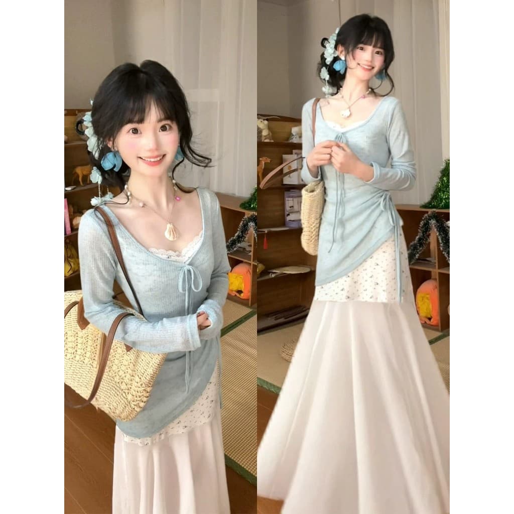 Sling vestido Floral feminino início do verão único bonito 2026 novo estilo francês saia longa manga longa blusa terno
