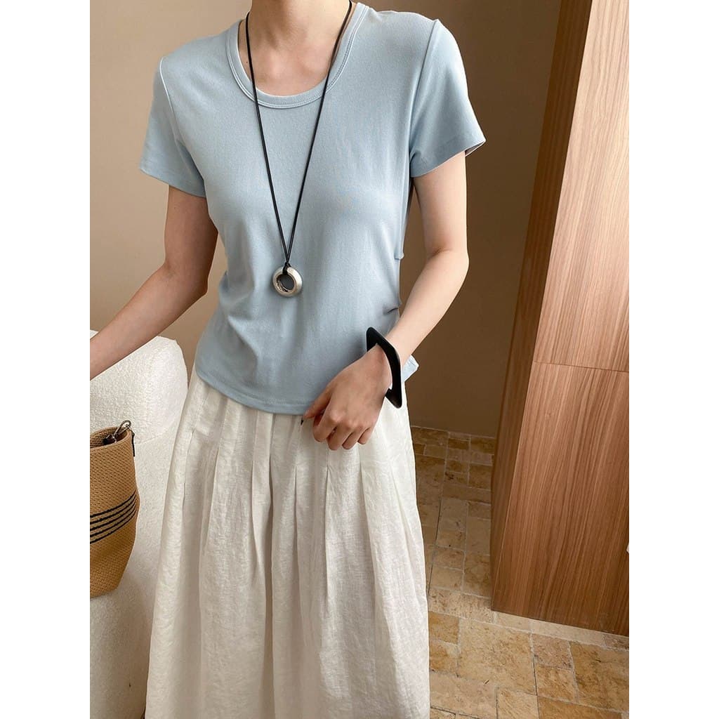 Azul de manga curta feminino nicho Design sentir U-pescoço plissado ombro cintura estreita mais magro olhar camiseta Gua