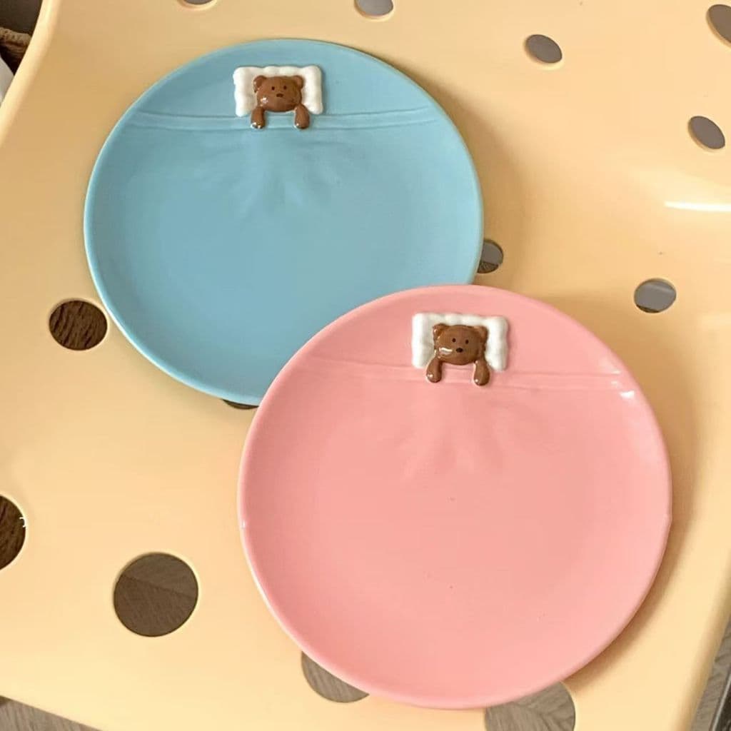 Prato plano de cerâmica de urso tridimensional bonito desenho animado prato de lanche de café da manhã doméstico