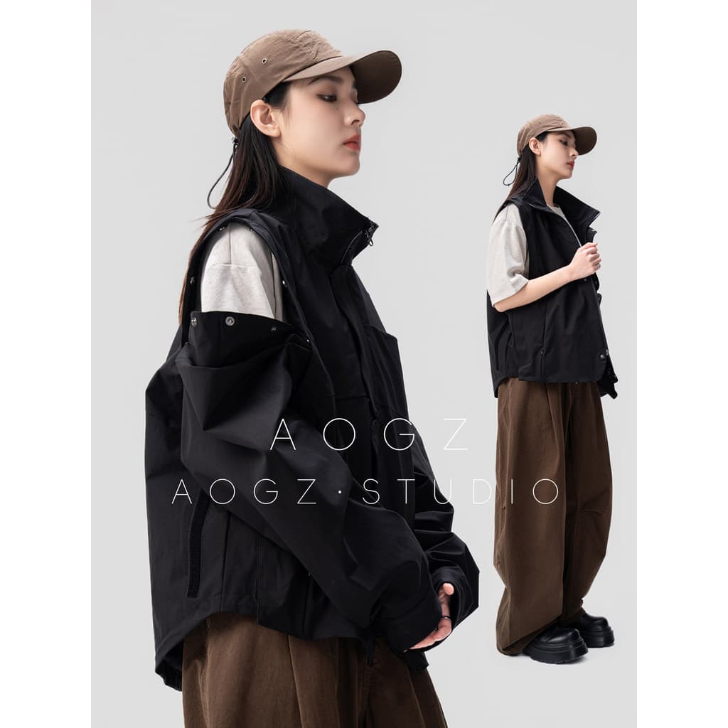 AOGZ manga destacável macacão jaqueta das mulheres dos homens primavera verão solto gola alta rua Wear na moda estilo fu