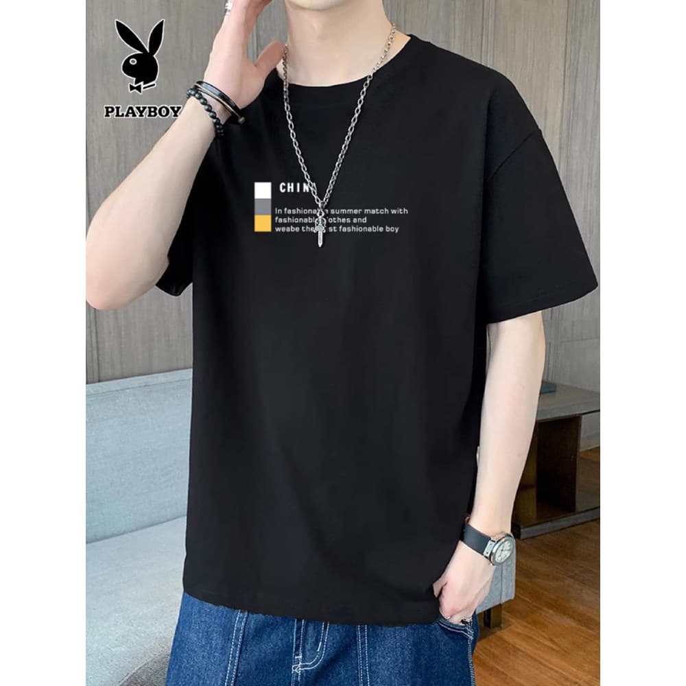Playboy em torno do pescoço camiseta masculina 2025 verão puro algodão solto de manga curta camiseta Shi Bottoming camis