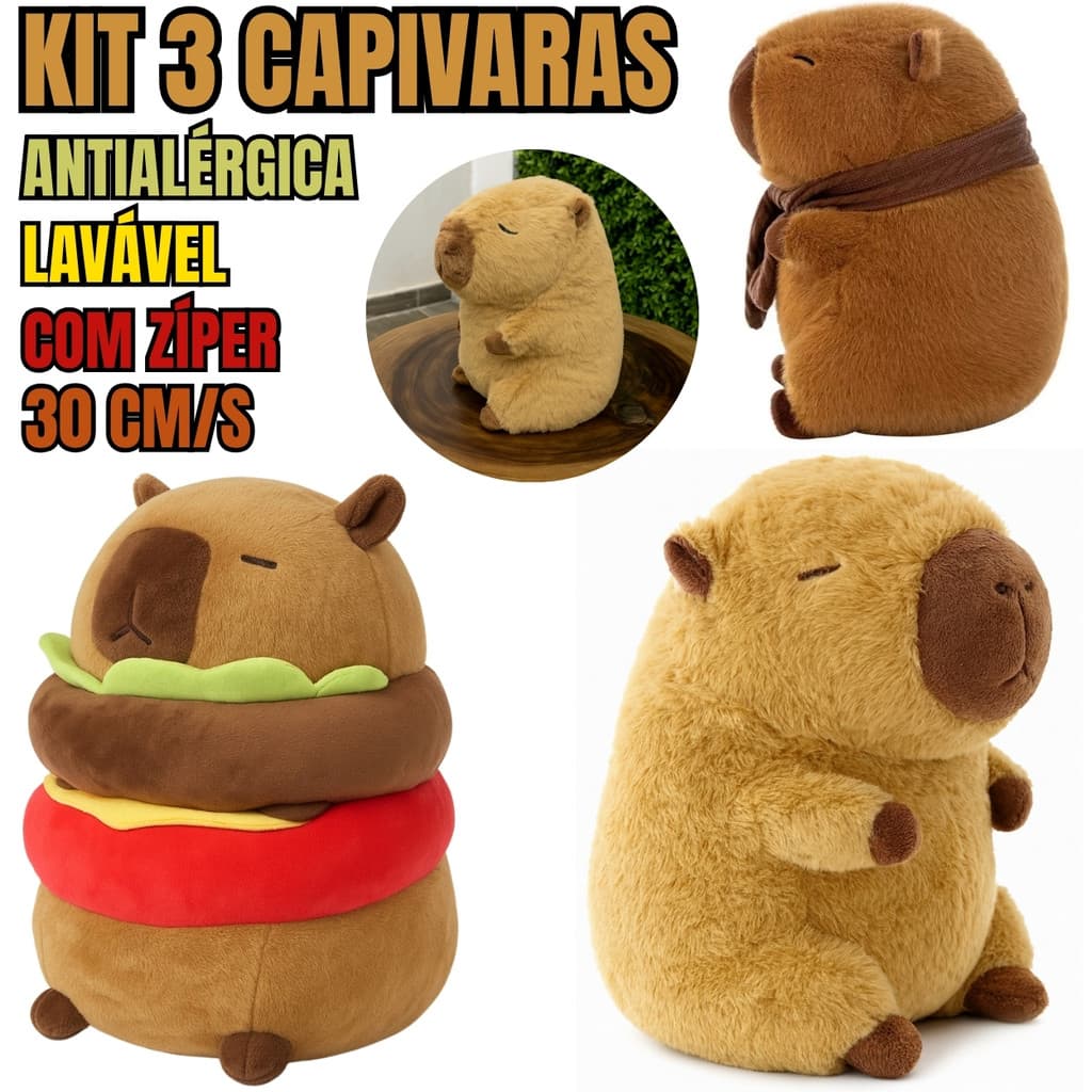 Kit 3 Capivaras de Pelúcia 30cm Antialérgicas Laváveis com Zíper