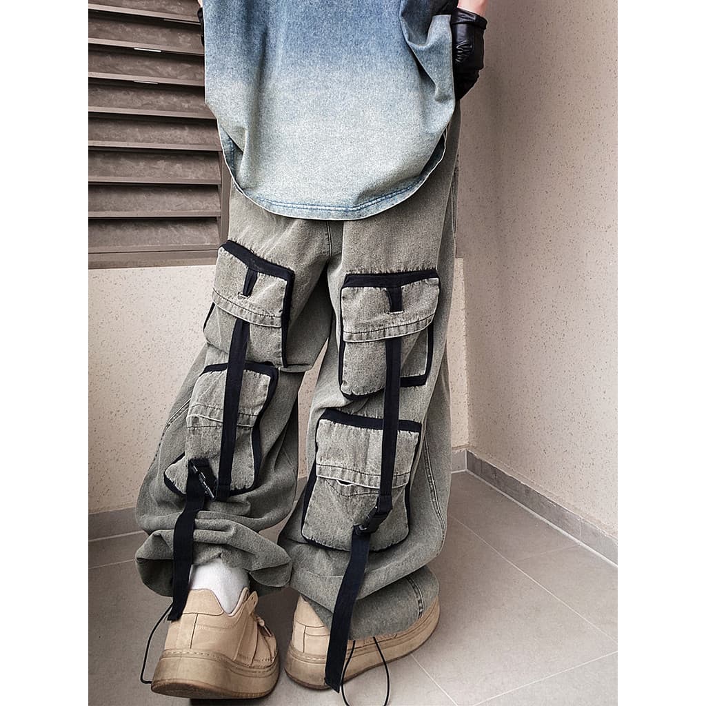 UUCSCC japonês Retro lavado macacão Jeans Hip-Hop Street Wear Multi-bolso cordão calças esportivas calças de perna larga