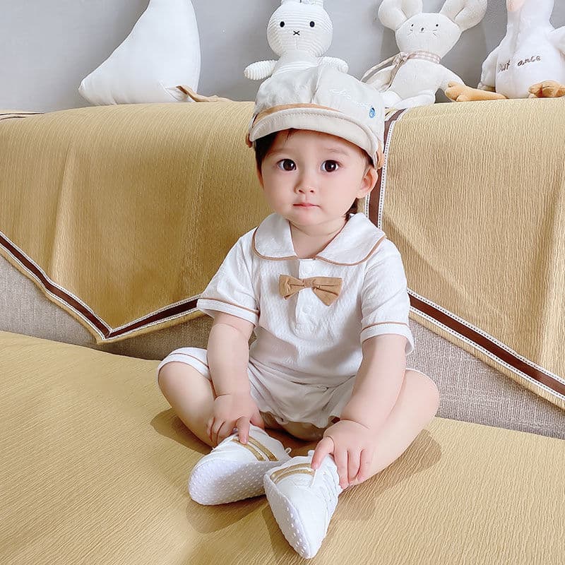 Verão novo estilo infantil bebê cavalheiro macacão de manga curta estilo fino meninos meninas bebê moda bonito macacão