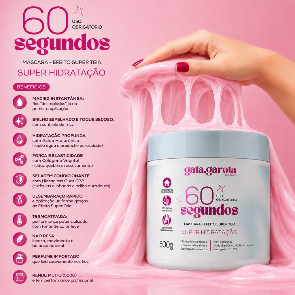 Máscara 60 Segundos Super Teia Desmaia Fios Hidratação Capilar Cabelo Antifrizz Brilho 3D Gata Garota