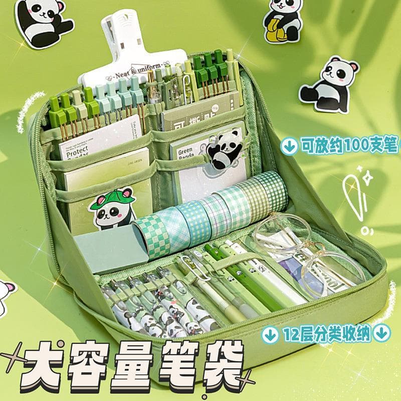 Estojo de lápis de alto valor verde Panda de 11 camadas 2026 novo estilo Super grande capacidade caixa de papelaria vers