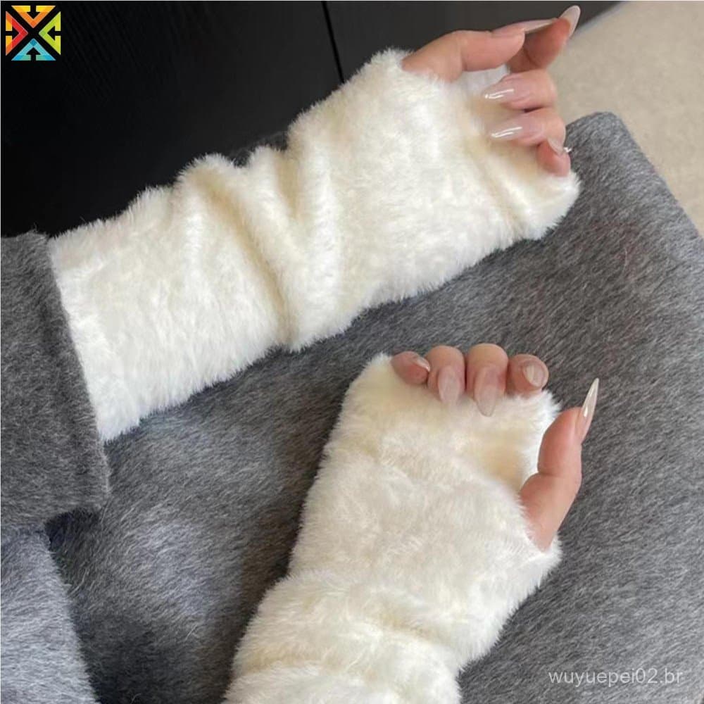 Luvas De Malha De Cor Sólida Macio Meio Dedo Pelúcia Quente Femininas Para O Outono Wear Ciclismo Escrita