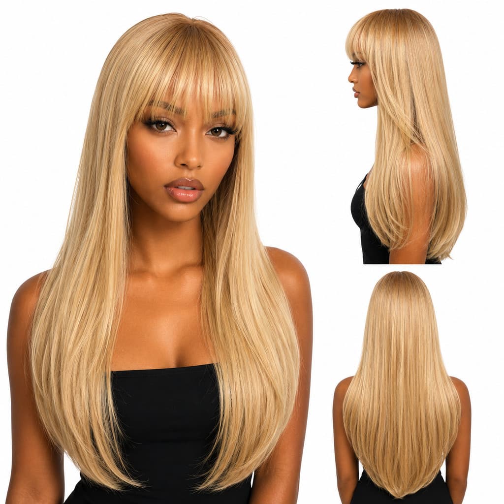 Peruca Lisa Com Franja Linha Popular Fibra Camadas 60cm 280g Top Hair