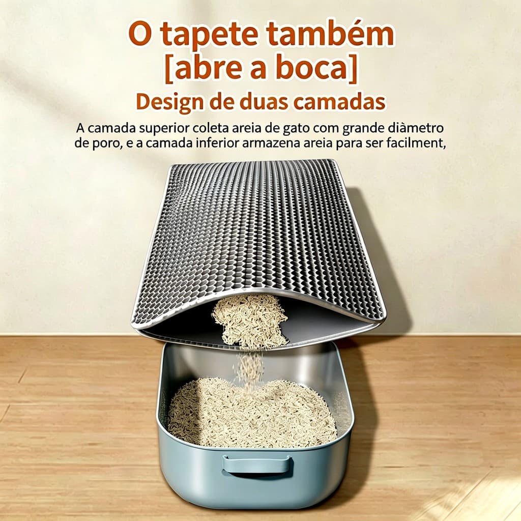 Tapete Duplo Coletor de Areia para Gato Anti Espalhamento | Lavável e Filtro Duplo Vários Tamanhos