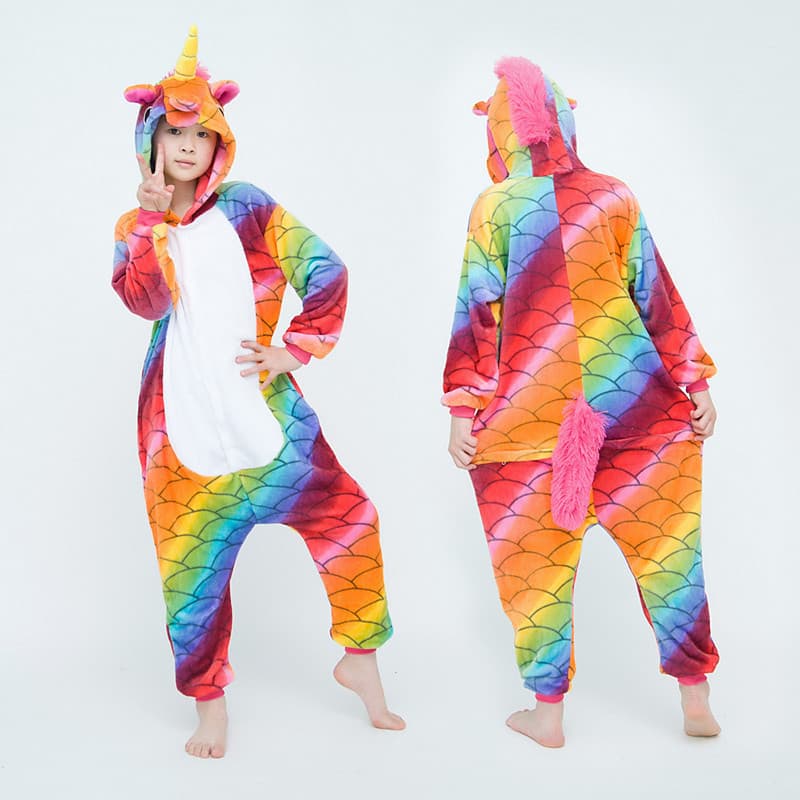 Pijama Macacão Com Capuz De Unicórnio De Peixe Arco-Íris Para Crianças , Fantasia De Animal De Flanela Fofa , Roupa De D