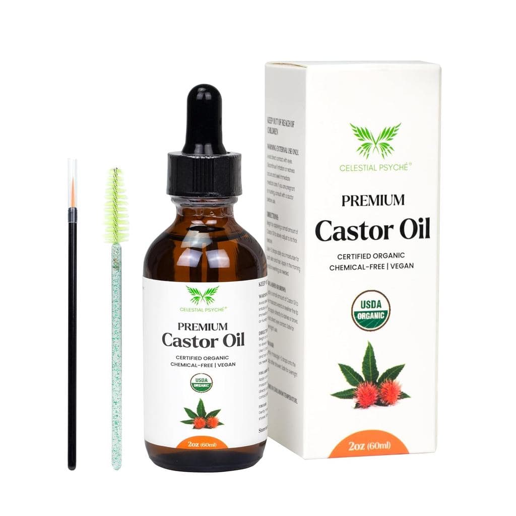 Óleo de Rícino Orgânico Certificado pelo USDA (2 Oz com Kit Essencial - Kit para Sobrancelhas) 100% Puro e Natural, Livr