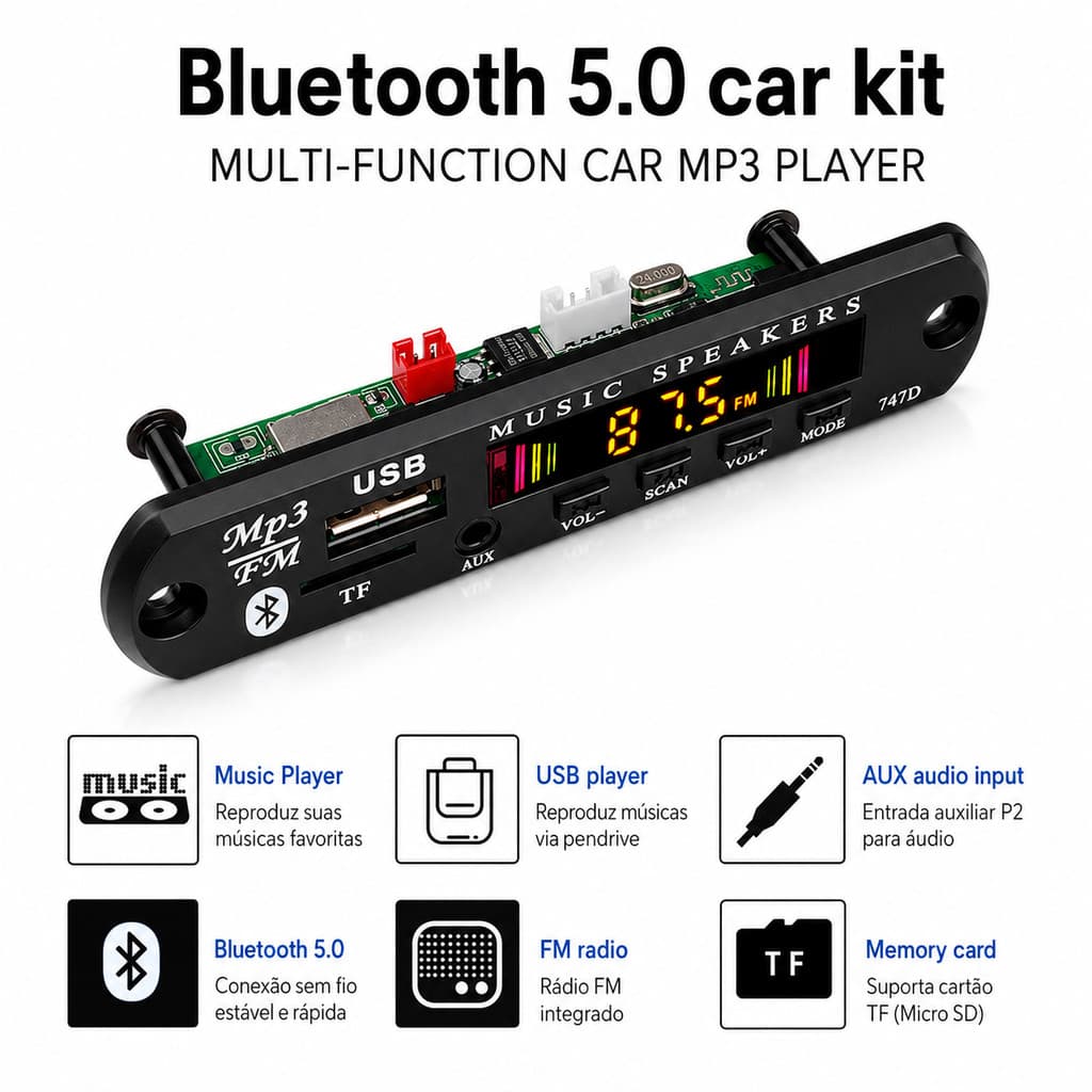 Placa Decodificadora Bluetooth 5.0 Mp3 Player Para Caixa Ativa Usb Sd FM 12V