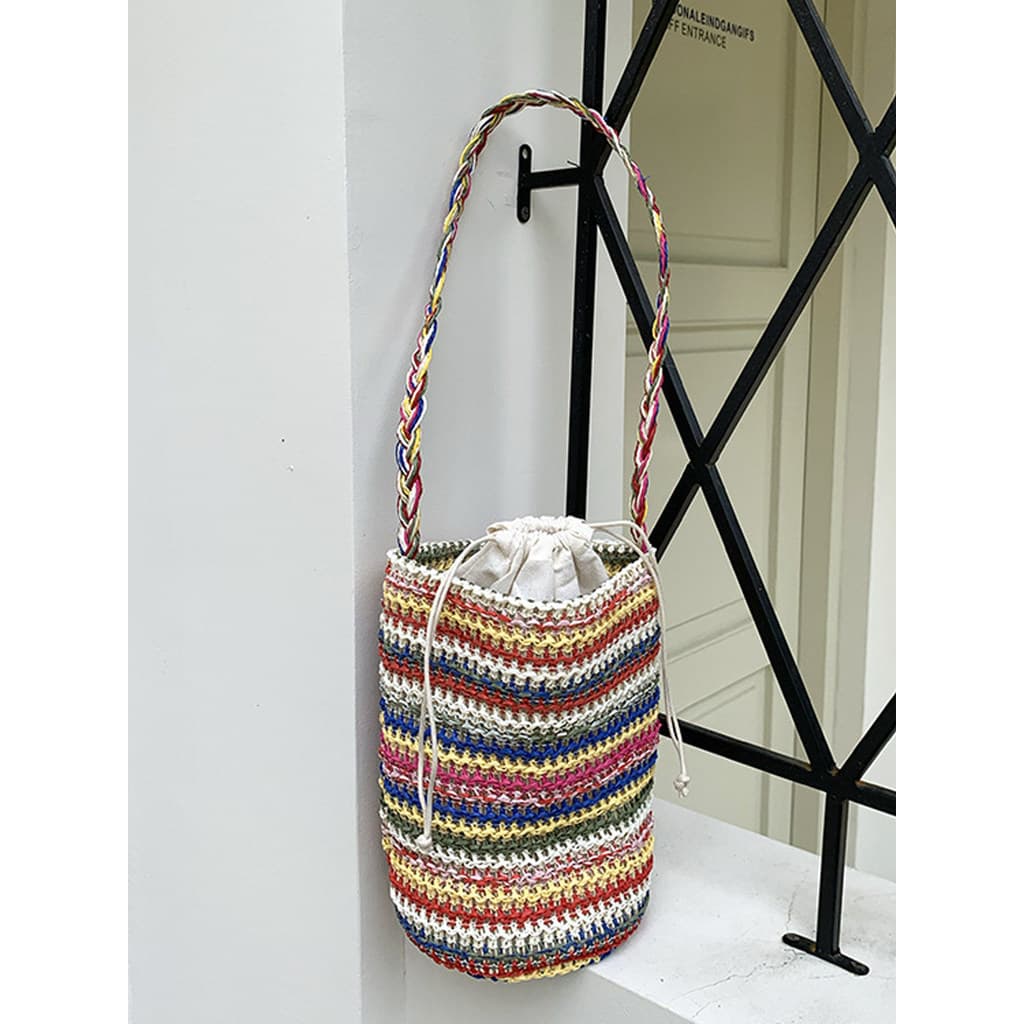 bolsa feminina bolsa transversal feminino 2025 novo estilo nicho arco-íris listrado tecido balde saco de palha tecido ax