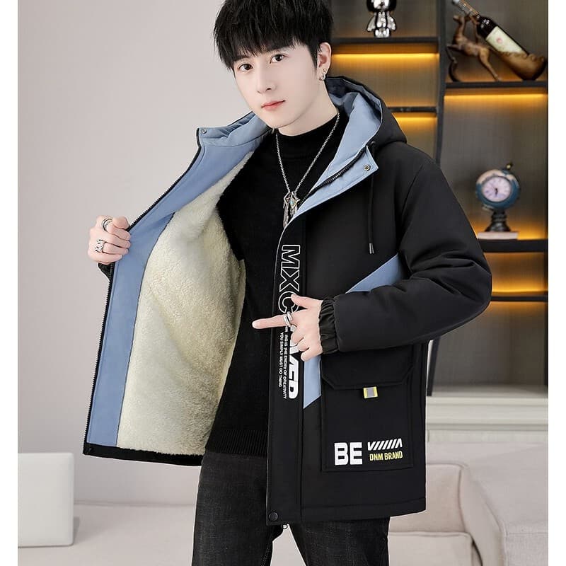 Jaqueta de lã espessada masculina outono inverno Casual moda acolchoada jaqueta com capuz costura jaqueta resistente ao