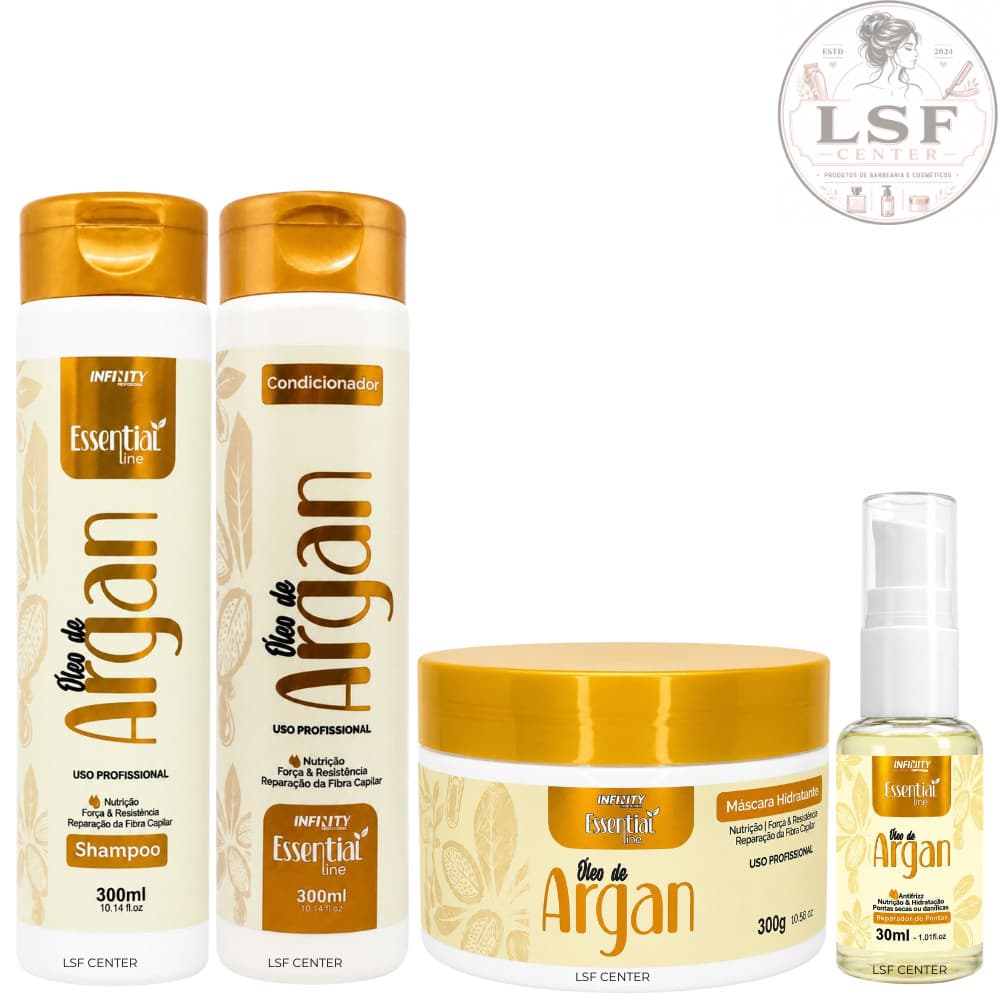 Kit 4 Itens Argan Shampoo + Condicionador + Mascára + Óleo Repadaor de Pontas Infinity
