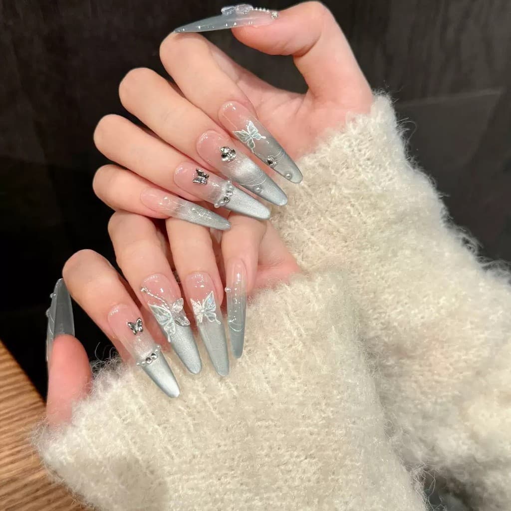 Unhas longas onduladas estilo "dog-style", feitas à mão 4.0, estilo luxuoso com ponta fina cor menta, unhas longas com e
