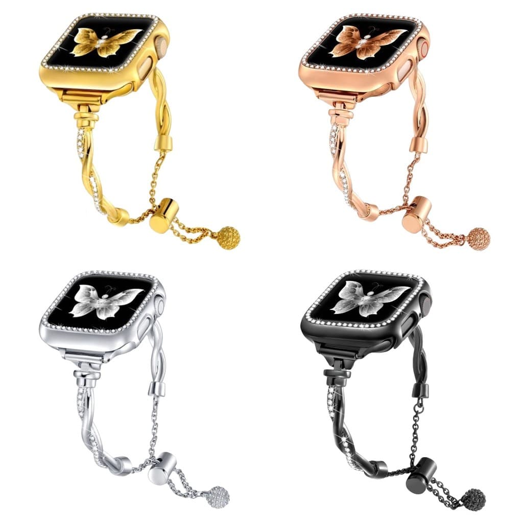 Pulseira de relógio feminina luxuosa com strass brilhante pérola Apple, pulseira de substituição de decoração de Metal e