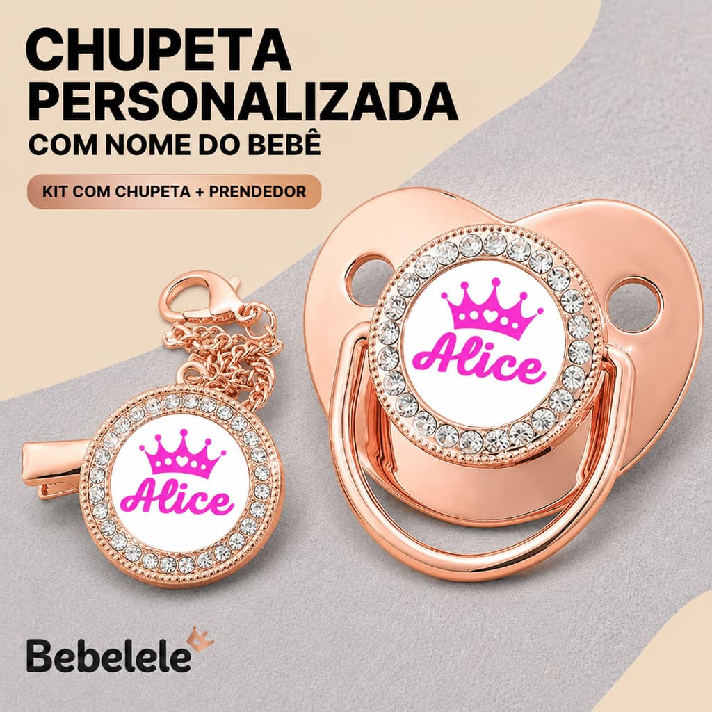 Chupeta transparente em ouro rosa para bebês meninas,com clipe de fixação, nome personalizado e foto