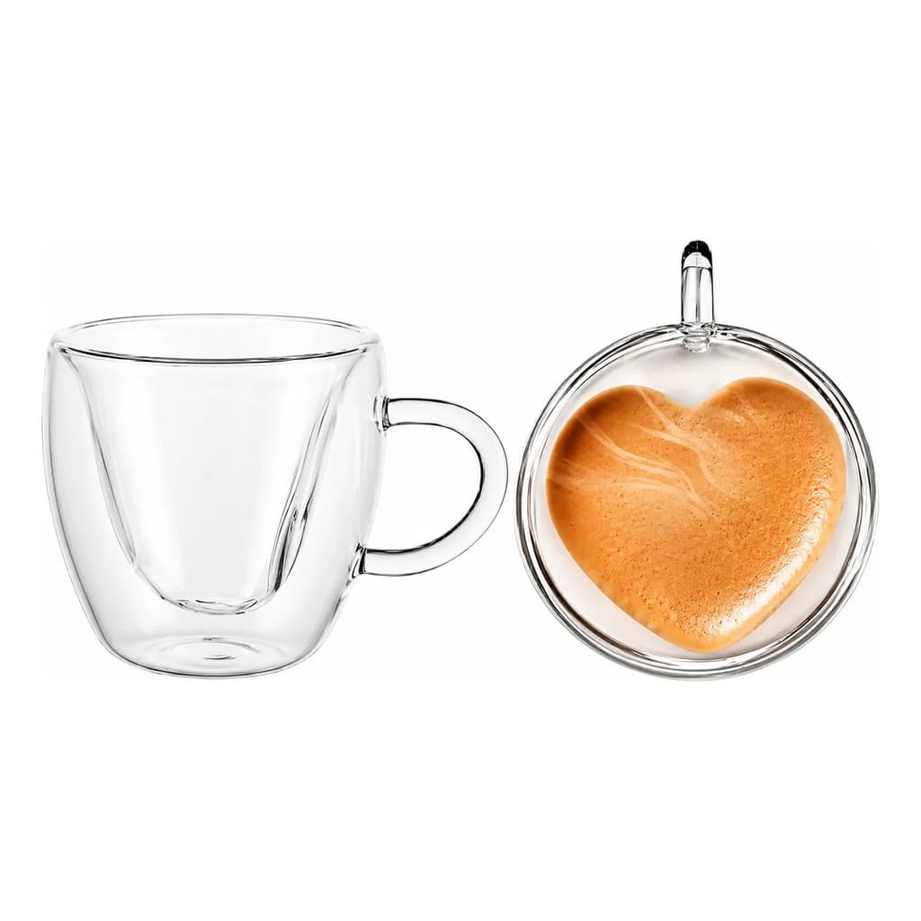 Jogo 2 Xicaras Café Coraçao Parede Dupla Borosilicato 180ml