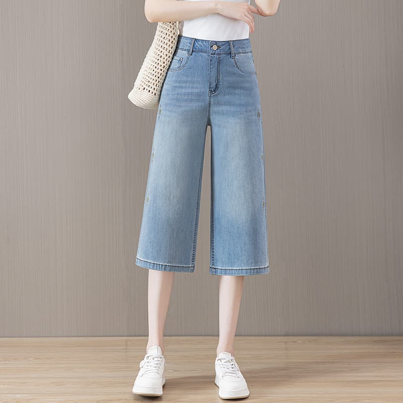 Cintura alta bordado recortado Jeans de perna larga feminino 2026 verão novo estilo fino solto mais magro olhar Drape St
