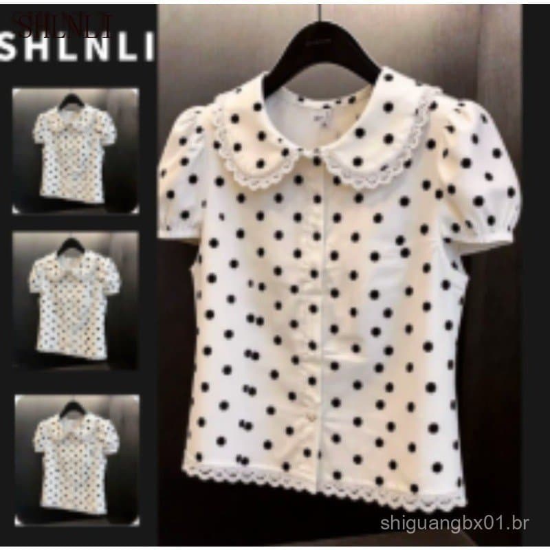 Camisa Feminina de Manga Curta com Estampa de Bolinhas, Estilo Luxuoso e Elegante para o Verão F9FO
