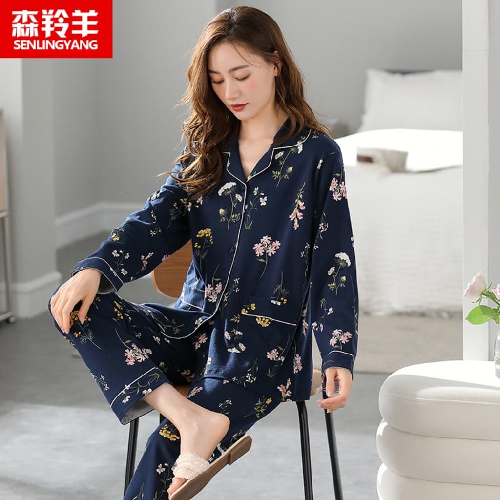 Pijamas femininos primavera outono estilo puro algodão manga comprida terno outono mãe de meia-idade Cardigan pode usar