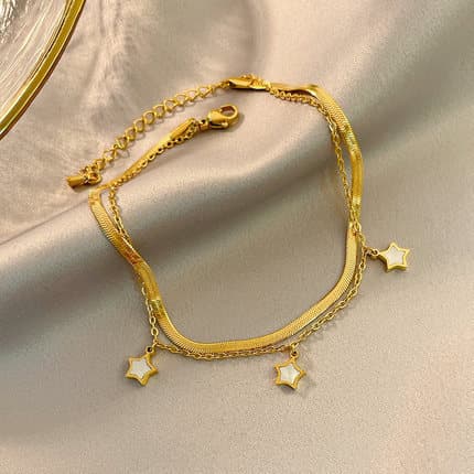 Pulseira de osso de cobra de dupla camada com estrela de madrepérola branca, luxo leve e elegante, acessório feminino ve