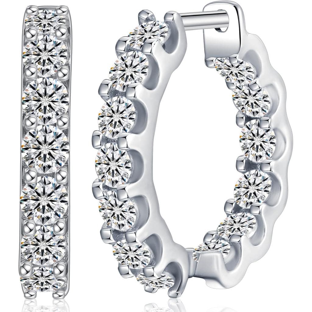 Brincos de Argola de Moissanite para Mulheres, Cor D, Corte Redondo Brilhante, Banhados a Ouro Branco 18K, Prata Esterli