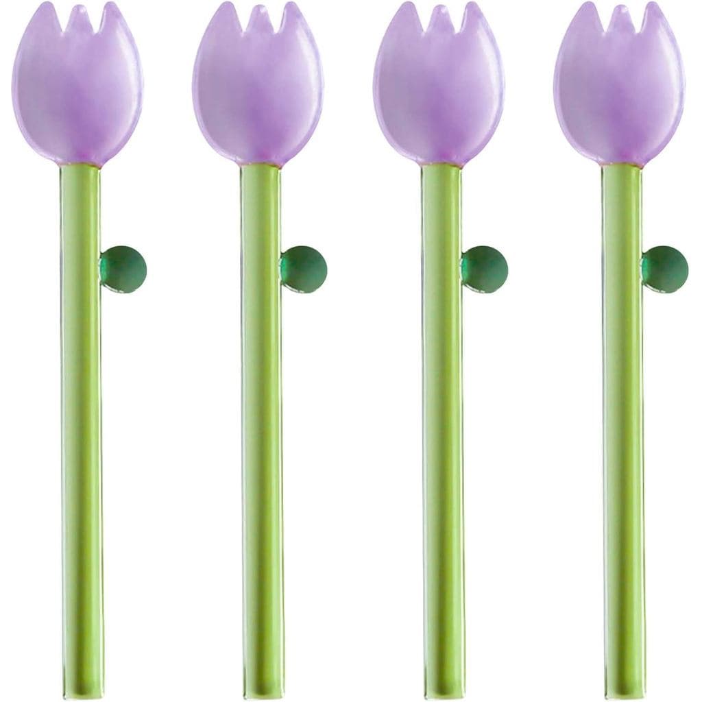 4 Colheres de Vidro Transparente de Borosilicato Colorido, Colheres com Cabo Longo e Design de Flor para Sobremesas, Sor