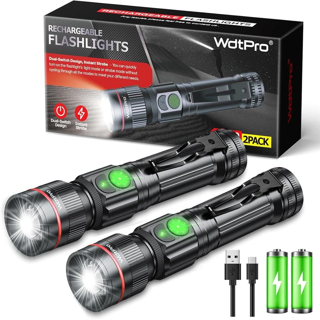 Lanterna Recarregável WdtPro, Pacote com 2 Unidades, Mini Lanterna LED Brilhante de Bolso com Clipe, Zoom, Interruptor D