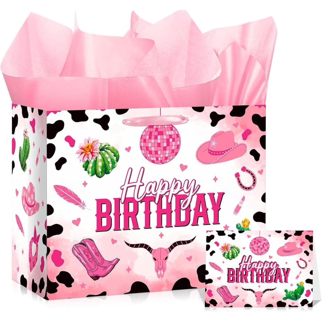 Sacola de Presente de Aniversário Cowgirl Rosa, Sacolas Grandes de Papel de Embrulho com Tema Western e Feliz Aniversári