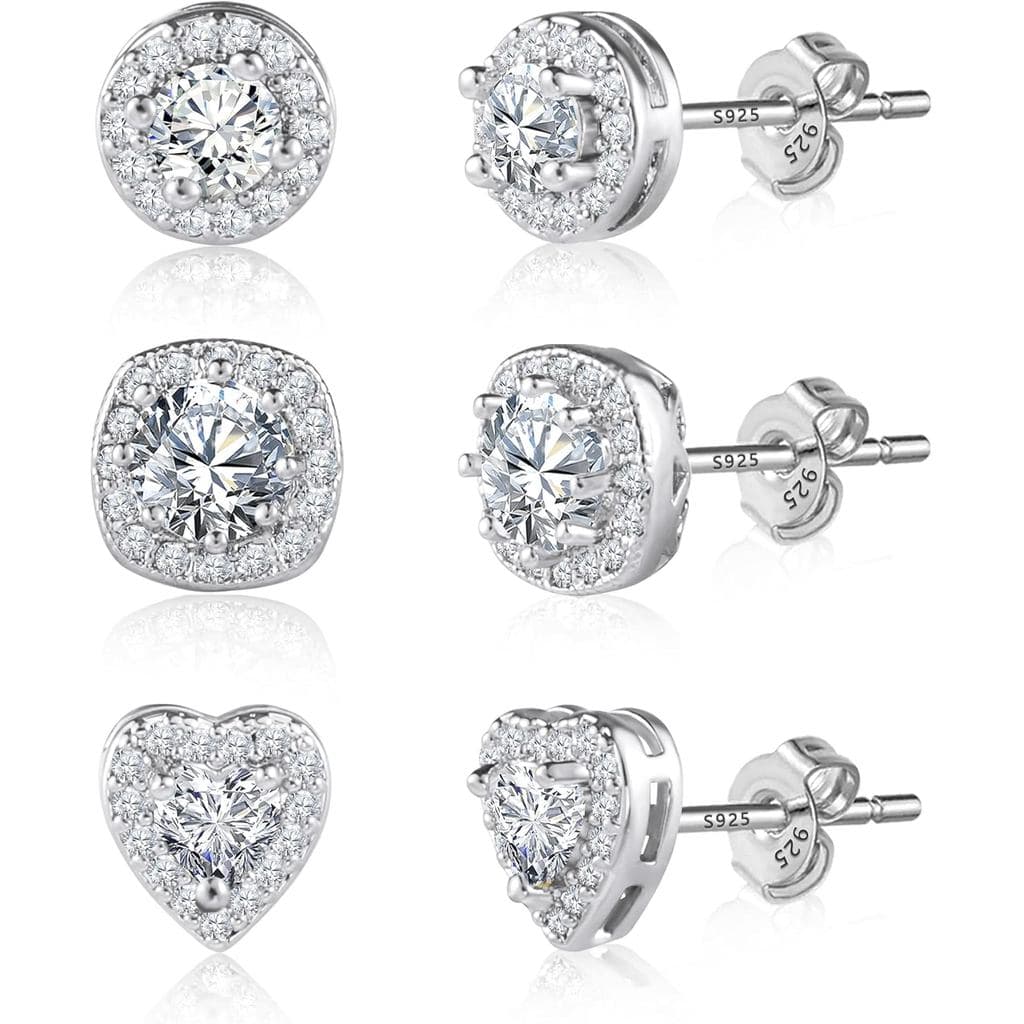 Brincos de Prata Esterlina 925 para Mulheres, Conjunto de Brincos de Coração Halo com Zircônia Cúbica, Hipoalergênicos
