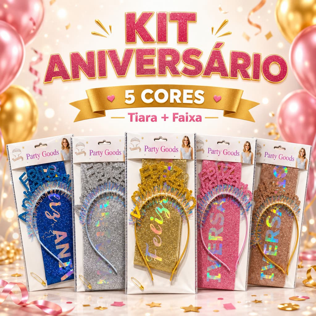 Kit Aniversario Decoração Faixa Coroa Alfinete Feliz Aniversário Brilhante Glitter Festa E Fotos Feminina